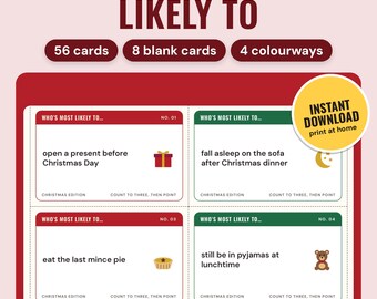 Op de afbeelding: Een Who's Most Likely To kersteditie kaartspel met 56 kaarten, 8 blanco kaarten en 4 kleurvarianten. De kaarten tonen teksten zoals een cadeau openen voor kerst, in slaap vallen op de bank, de laatste mince pie eten en nog in pyjama zijn tijdens de lunch.