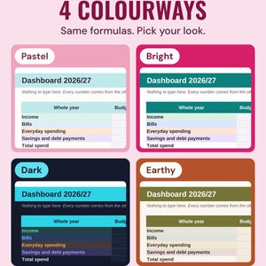 The budget dashboard 2026/27 in four colourways, Pastel, Bright, Dark and Earthy, under the headline 4 colourways, and the line Same formulas. Pick your look.