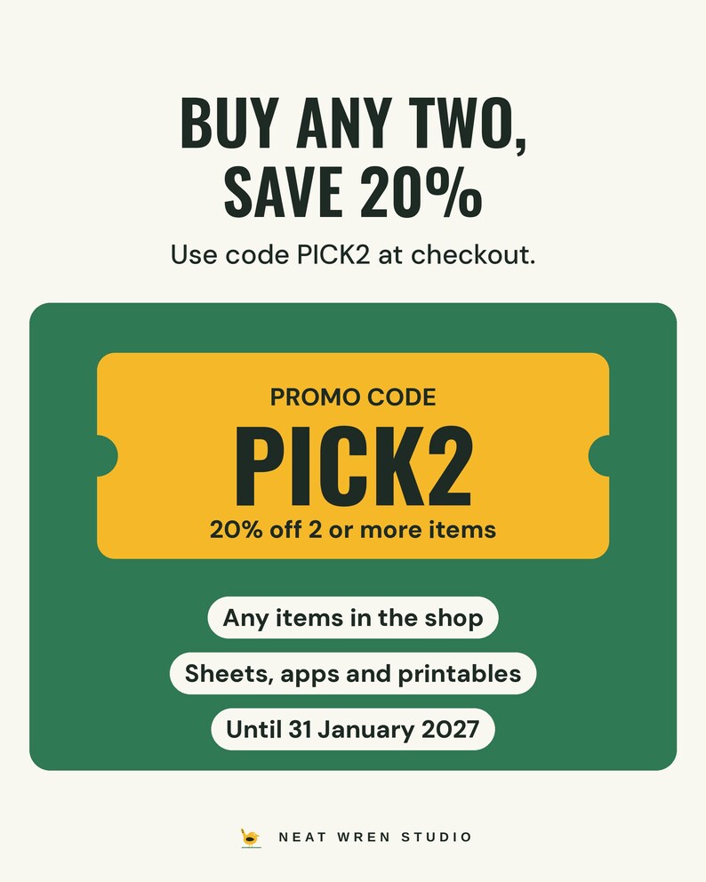 Buy two or more items from Neat Wren Studio and use code PICK2 for 20% off until 31 January 2027.