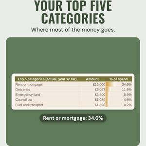 The budget spreadsheet's dashboard table of the top five spending categories for the year, with amounts and share of spend; rent or mortgage is 34.6%.