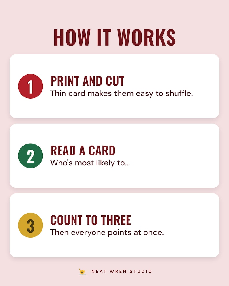 Three numbered steps under the headline How it works: print and cut (thin card makes them easy to shuffle), read a card (who's most likely to) and count to three (then everyone points at once).