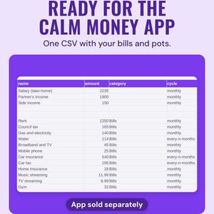The Export to Calm Money tab listing example income and bills with amount, category and how often each is paid, ready to save as a CSV for the app.