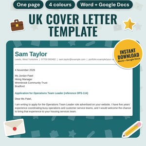 UK Cover Letter Template: main listing photo showing the product with an 'Instant download' badge and flat briefcase, star, envelope and pencil icons. Digital product from Neat Wren Studio.