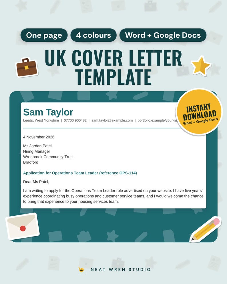 UK Cover Letter Template: main listing photo showing the product with an 'Instant download' badge and flat briefcase, star, envelope and pencil icons. Digital product from Neat Wren Studio.