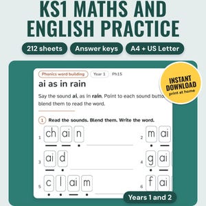 May include: A digital educational worksheet titled KS1 Maths and English Practice with 212 sheets. The page features a phonics word building exercise for the ai sound in rain, including blending tasks for words like chain, maid, and claim.