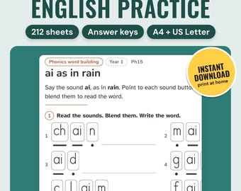 May include: A digital educational worksheet titled KS1 Maths and English Practice with 212 sheets. The page features a phonics word building exercise for the ai sound in rain, including blending tasks for words like chain, maid, and claim.