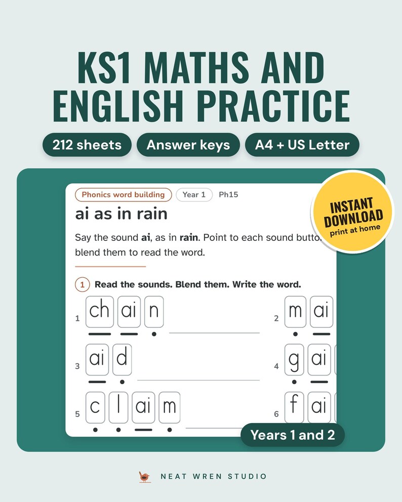 KS1 maths and English practice printable: a phonics sheet with sound buttons for ai, 212 sheets with answer keys, A4 and US Letter.