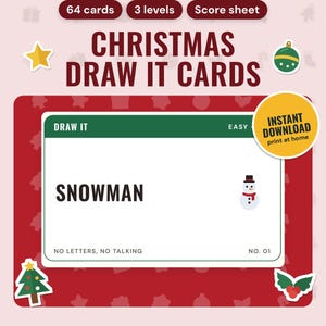 Christmas Draw It Cards Printable, 64 Drawing Game Words | Easy, Medium, Tricky | Family Party Game for Kids and Adults, A4 + US Letter