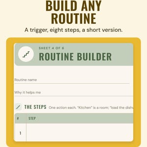 The routine builder sheet with routine name, why it helps and numbered steps, under the headline Build any routine, and the line A trigger, eight steps, a short version.