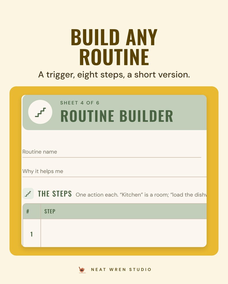 The routine builder sheet with routine name, why it helps and numbered steps, under the headline Build any routine, and the line A trigger, eight steps, a short version.