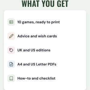 What you get: 10 games ready to print, advice and wish cards, UK and US editions, A4 and US Letter PDFs, a how-to guide and checklist.