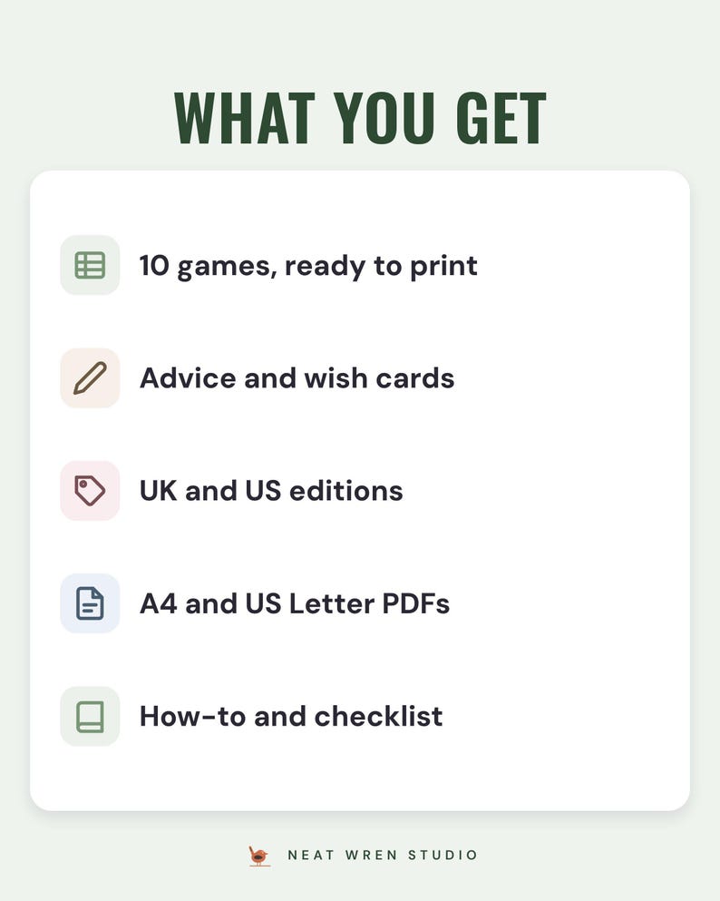 What you get: 10 games ready to print, advice and wish cards, UK and US editions, A4 and US Letter PDFs, a how-to guide and checklist.