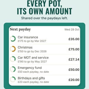 Next payday list: each pot with what is left, its date and its amount this payday
