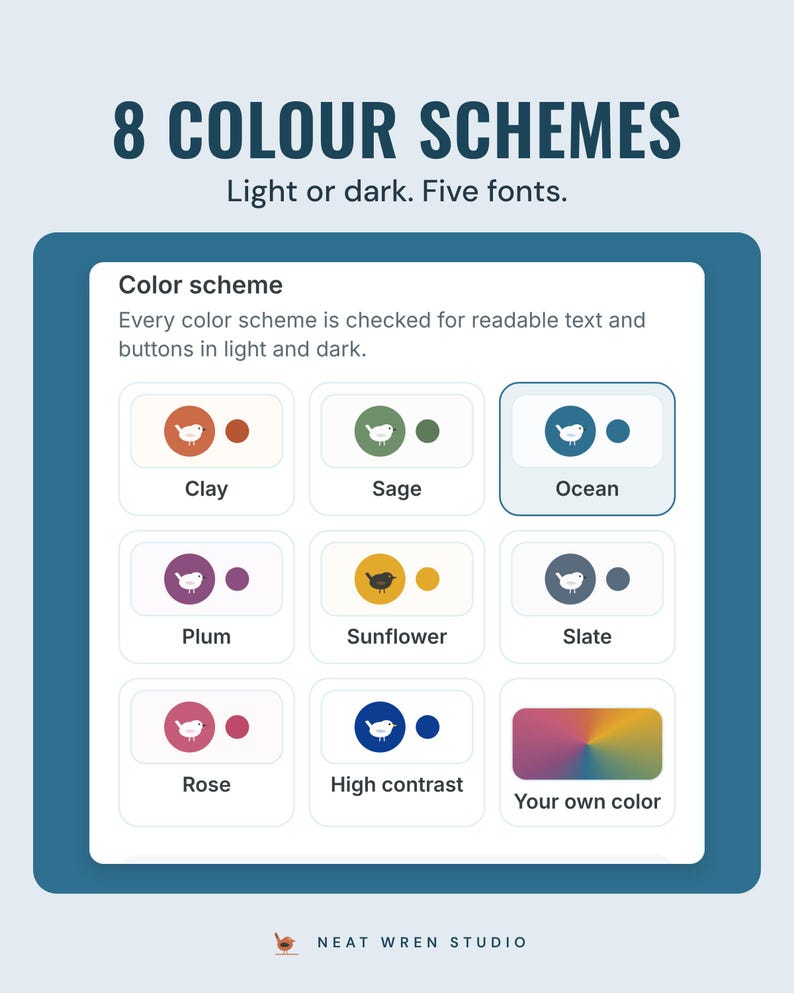 The app's color scheme picker with Clay, Sage, Ocean, Plum, Sunflower, Slate, Rose, High contrast and your own color, under the headline 8 colour schemes.