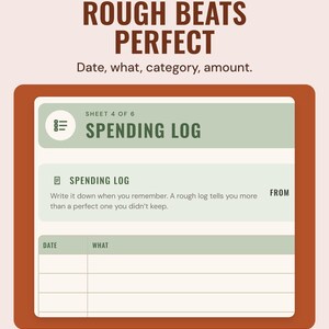 The spending log sheet with date and what columns, under the headline Rough beats perfect, and the line Date, what, category, amount.