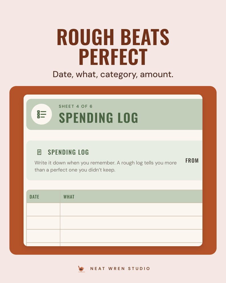 The spending log sheet with date and what columns, under the headline Rough beats perfect, and the line Date, what, category, amount.