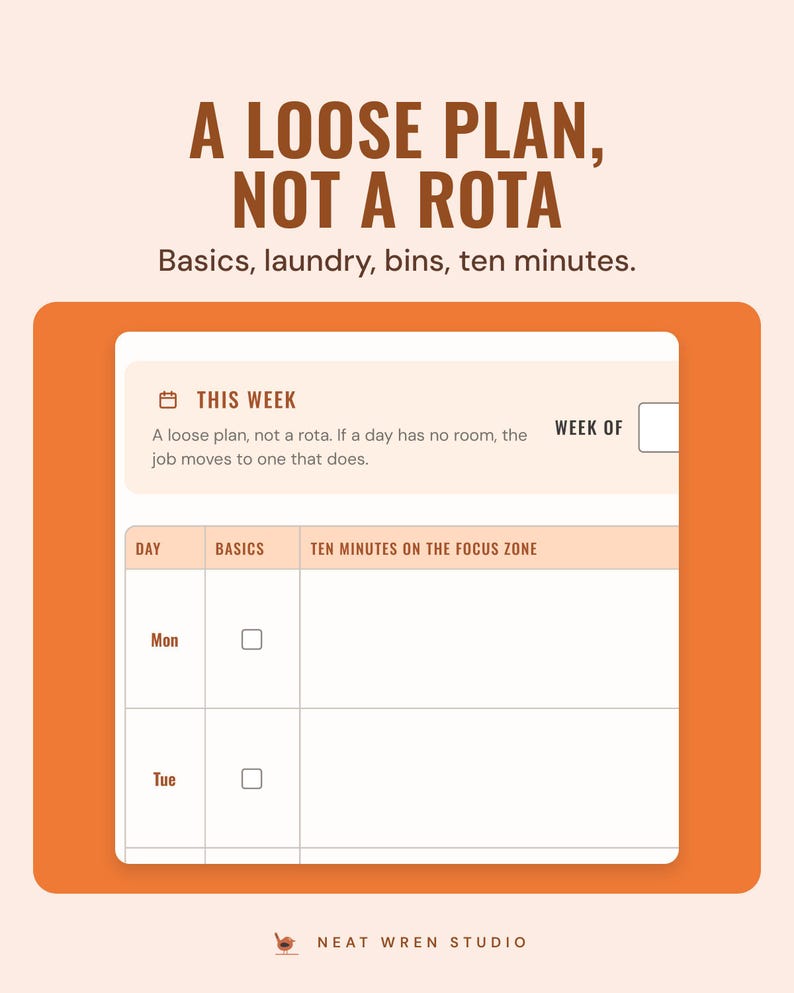 The this week sheet with a basics tick and ten minutes on the focus zone for each day, under the headline A loose plan, not a rota.