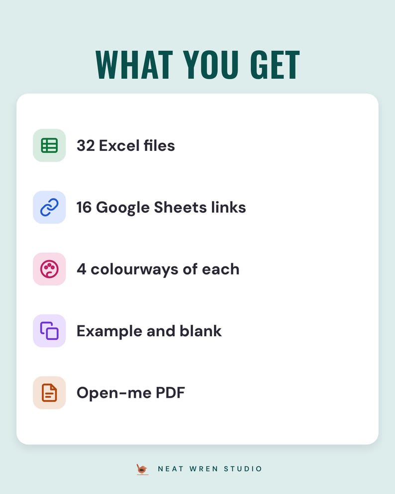 A white card under the headline What you get: 32 Excel files, 16 Google Sheets links, 4 colourways of each, example and blank and an Open-me PDF.