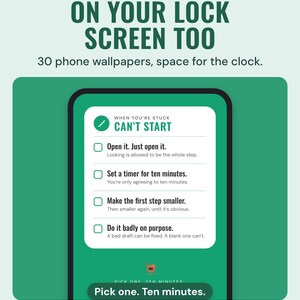 A phone lock screen wallpaper with a Can't start checklist, under the headline On your lock screen too, and the line 30 phone wallpapers, space for the clock.