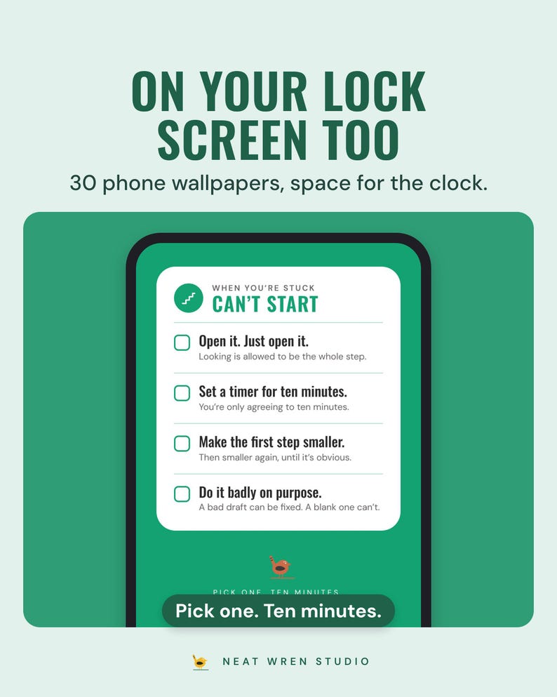 A phone lock screen wallpaper with a Can't start checklist, under the headline On your lock screen too, and the line 30 phone wallpapers, space for the clock.