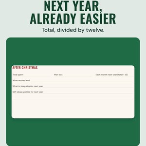 The after Christmas review box with total spent and an amount to put aside each month next year, under the headline Next year, already easier.