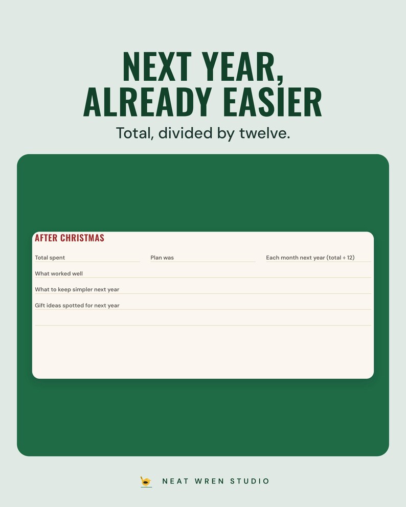 The after Christmas review box with total spent and an amount to put aside each month next year, under the headline Next year, already easier.