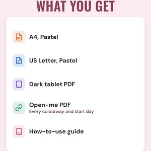 A white card under the headline What you get: A4 in Pastel, US Letter in Pastel, a dark tablet PDF, an Open-me PDF with every colourway and start day, and a how-to-use guide.