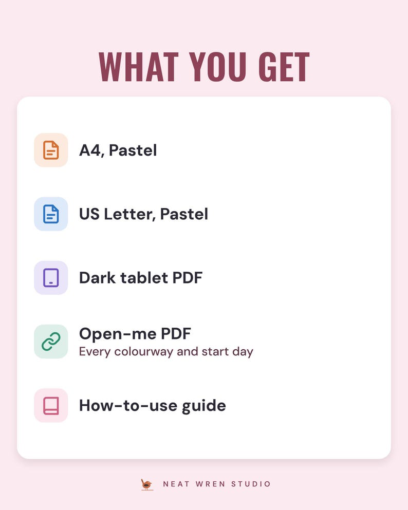 A white card under the headline What you get: A4 in Pastel, US Letter in Pastel, a dark tablet PDF, an Open-me PDF with every colourway and start day, and a how-to-use guide.