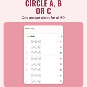 The answer sheet with A, B and C circles for each numbered question, under the headline Circle A, B or C, and the line One answer sheet for all 60.