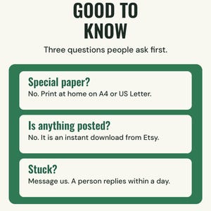 Good to know: print at home on A4 or US Letter, nothing is posted because it is an instant download, and a person replies to messages within a day.