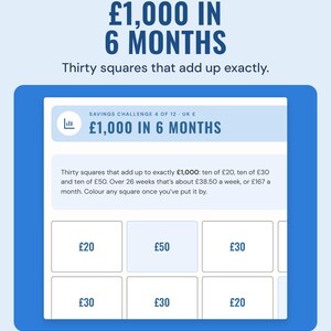 The 1,000 pounds in 6 months page: thirty squares of 20, 30 and 50 pounds that add up to exactly 1,000.