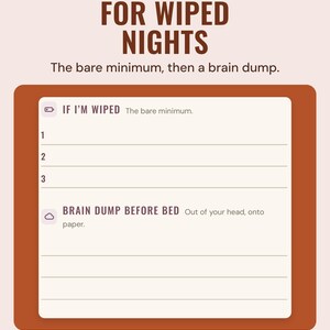 The If I'm wiped and Brain dump before bed sections of the evening wind-down sheet in the Earthy colourway.