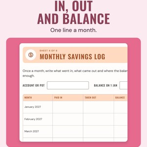 The monthly savings log with paid in, taken out and balance columns for each month of 2027, under the headline In, out and balance.
