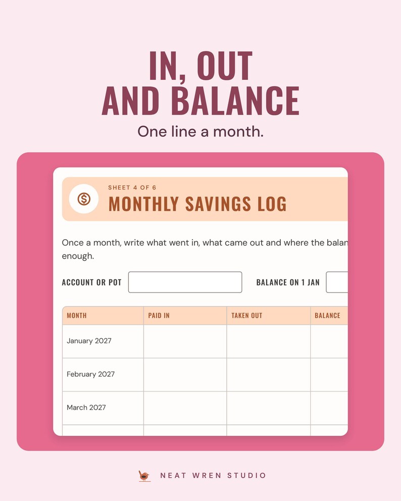 The monthly savings log with paid in, taken out and balance columns for each month of 2027, under the headline In, out and balance.