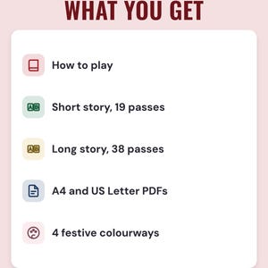 A white card under the headline What you get: how to play, a short story with 19 passes, a long story with 38 passes, A4 and US Letter PDFs and 4 festive colourways.