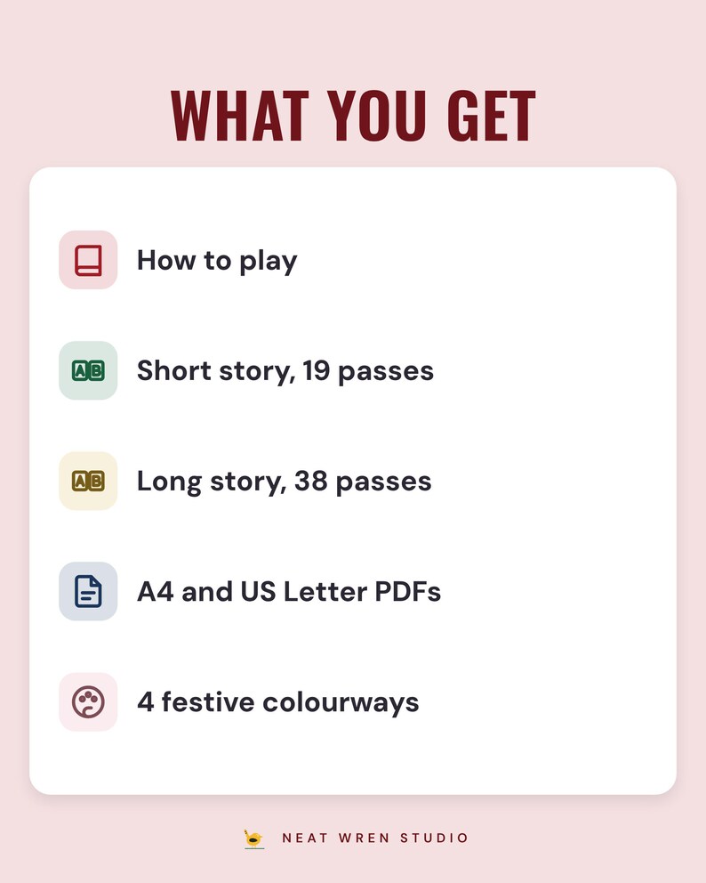 A white card under the headline What you get: how to play, a short story with 19 passes, a long story with 38 passes, A4 and US Letter PDFs and 4 festive colourways.