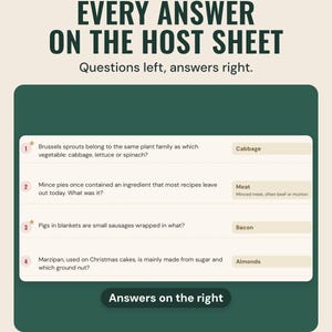 The family quiz host sheet with questions on the left and answers such as Cabbage and Bacon on the right, under the headline Every answer on the host sheet.