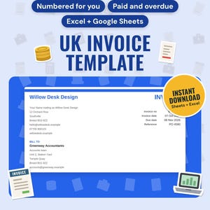 UK Invoice Template and Tracker | Numbered, VAT Optional, Printable A4, Paid and Overdue (Google Sheets & Excel)