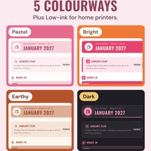 The January 2027 budget page in four colourways, Pastel, Bright, Earthy and Dark, under the headline 5 colourways, plus low-ink for home printers.