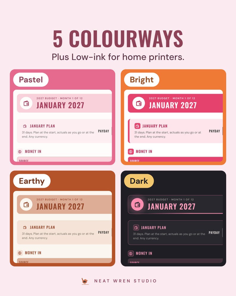 The January 2027 budget page in four colourways, Pastel, Bright, Earthy and Dark, under the headline 5 colourways, plus low-ink for home printers.