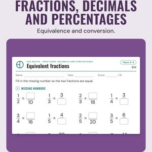 Equivalent fractions worksheet: fill in the missing numerator or denominator so the two fractions are equal.