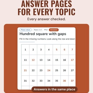 Answer page for a hundred square with gaps, the missing numbers filled in where they sit on the sheet.