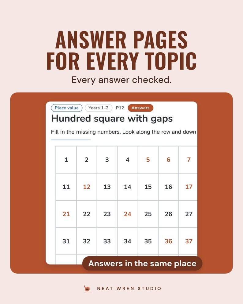 Answer page for a hundred square with gaps, the missing numbers filled in where they sit on the sheet.