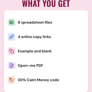 A white card under the headline What you get: 8 spreadsheet files, 4 online copy links, example and blank, an Open-me PDF and 30% Calm Money code.