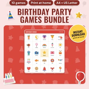 Birthday Party Games Printable Bundle: main listing photo showing the product with an 'Instant download' badge and flat party hat, star, birthday cake and balloon icons. Digital product from Neat Wren Studio.