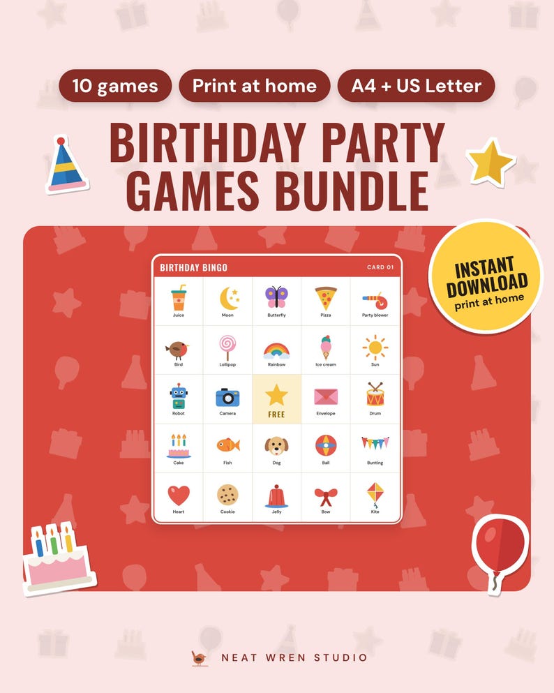 Birthday Party Games Printable Bundle: main listing photo showing the product with an 'Instant download' badge and flat party hat, star, birthday cake and balloon icons. Digital product from Neat Wren Studio.
