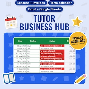 Tutor Business Spreadsheet UK | Lesson Tracker, Parent Invoices, Lesson Packages, Term Calendar, Tax Set-Aside (Google Sheets & Excel)