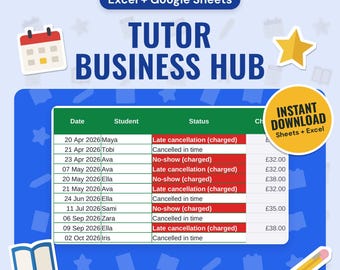 Tutor Business Spreadsheet UK | Lesson Tracker, Parent Invoices, Lesson Packages, Term Calendar, Tax Set-Aside (Google Sheets & Excel)
