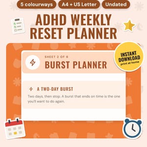 ADHD Weekly Planner Printable: main listing photo showing the product with an 'Instant download' badge and flat checklist, star, calendar and alarm clock icons. Digital product from Neat Wren Studio.