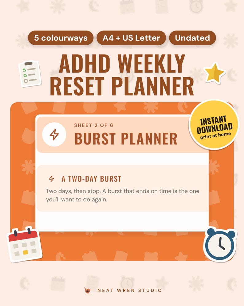 ADHD Weekly Planner Printable: main listing photo showing the product with an 'Instant download' badge and flat checklist, star, calendar and alarm clock icons. Digital product from Neat Wren Studio.